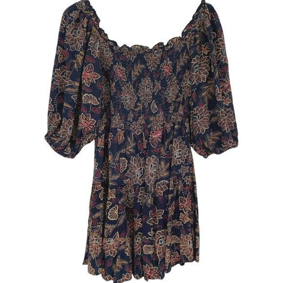 Angie Women Floral Smocked Blue Short Sleeve Mini Dress Western Boho Size Large - Picture 1 of 8